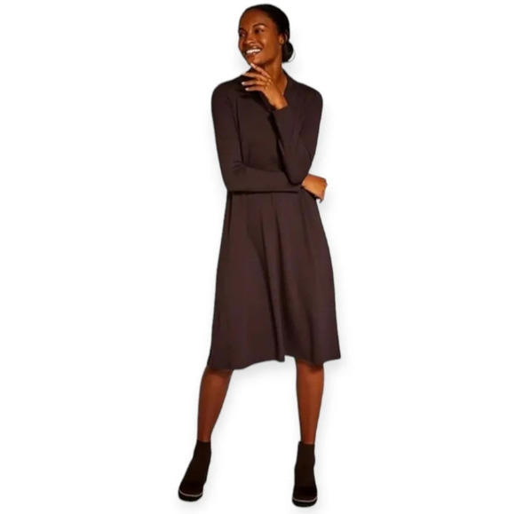 Eileen Fisher Long Sleeve Chocolate Brown Stretch Jersey Knee Length Dress XS - Picture 13 of 13